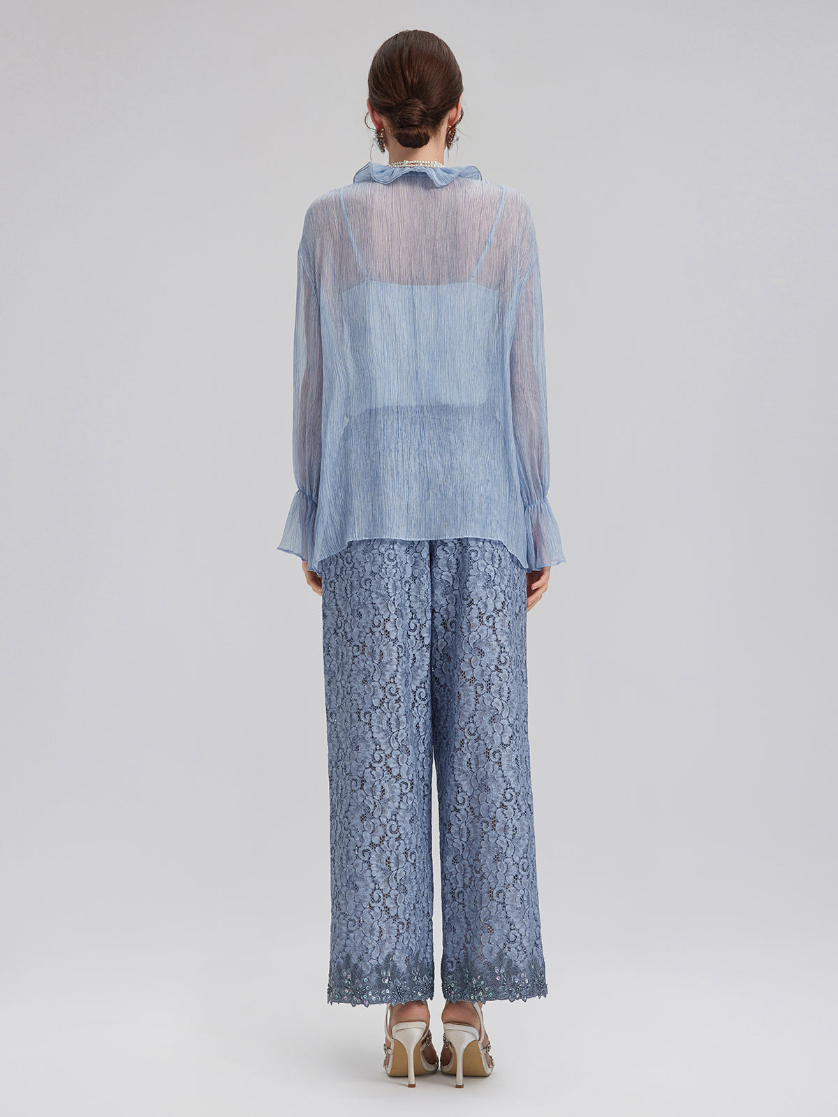 Boyama Efektli El İşlemeli Boncuklu Fırfırlı İpek Bluz