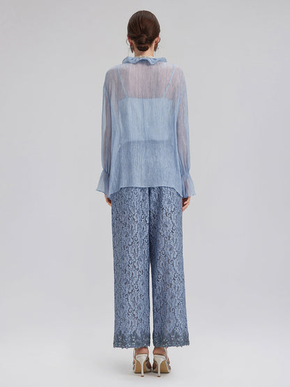 Boyama Efektli El İşlemeli Boncuklu Fırfırlı İpek Bluz