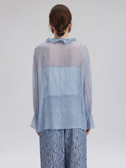 Boyama Efektli El İşlemeli Boncuklu Fırfırlı İpek Bluz