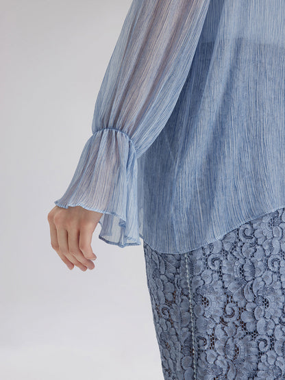 Boyama Efektli El İşlemeli Boncuklu Fırfırlı İpek Bluz