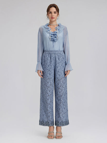 Boyama Efektli El İşlemeli Boncuklu Fırfırlı İpek Bluz