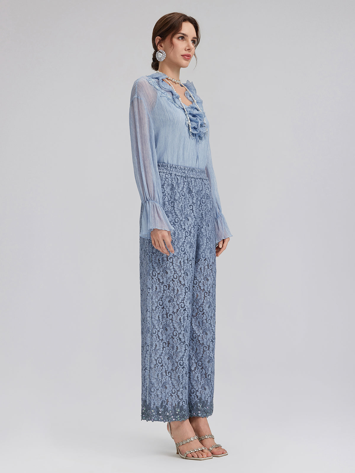 Boyama Efektli El İşlemeli Boncuklu Fırfırlı İpek Bluz