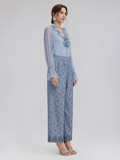 Boyama Efektli El İşlemeli Boncuklu Fırfırlı İpek Bluz