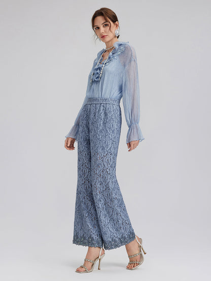 Boyama Efektli El İşlemeli Boncuklu Fırfırlı İpek Bluz