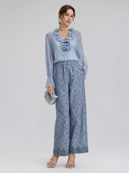 Boyama Efektli El İşlemeli Boncuklu Fırfırlı İpek Bluz