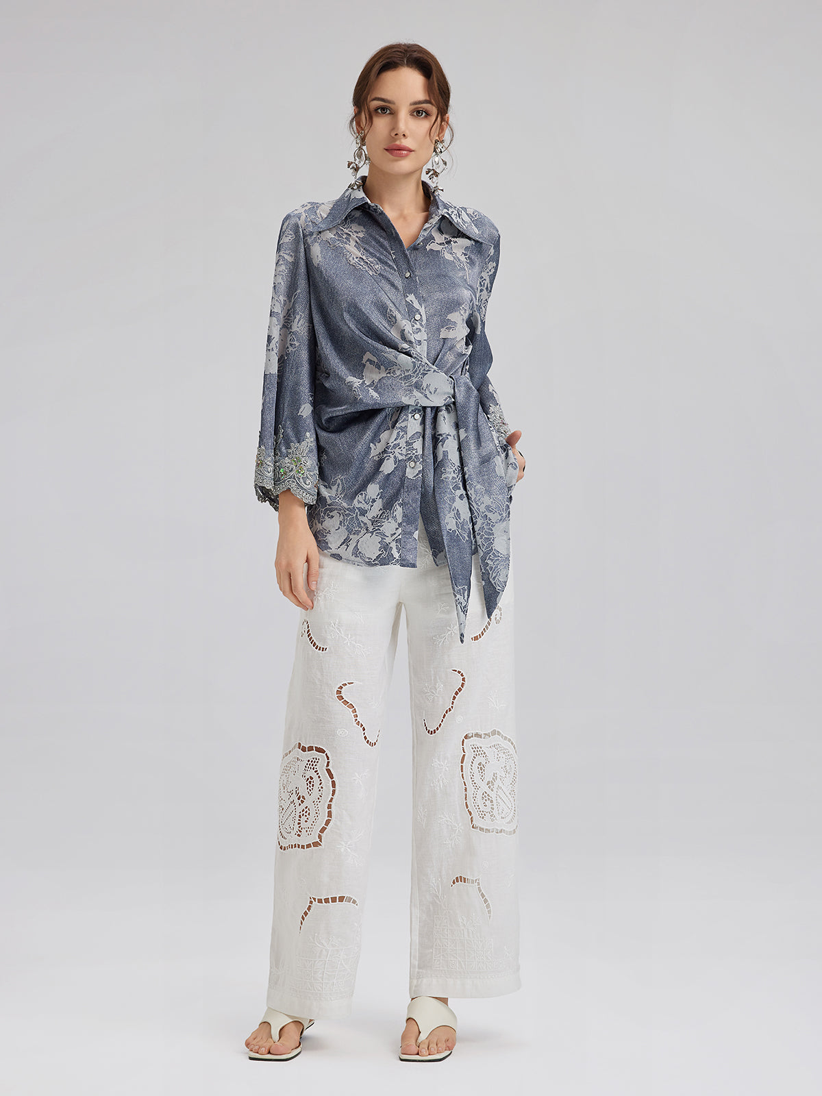 Yakma Çiçek Desenli Önden Bağlamalı Gömlek