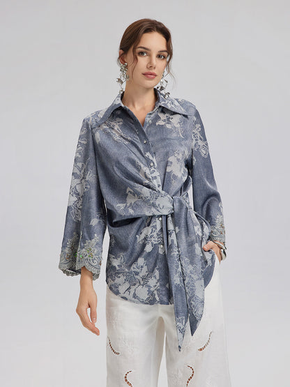 Yakma Çiçek Desenli Önden Bağlamalı Gömlek