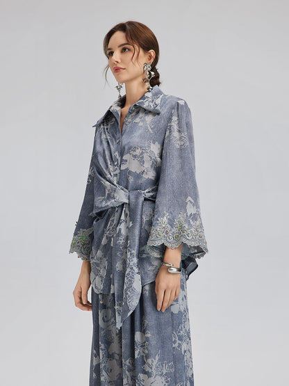 Yakma Çiçek Desenli Önden Bağlamalı Gömlek