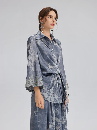 Yakma Çiçek Desenli Önden Bağlamalı Gömlek