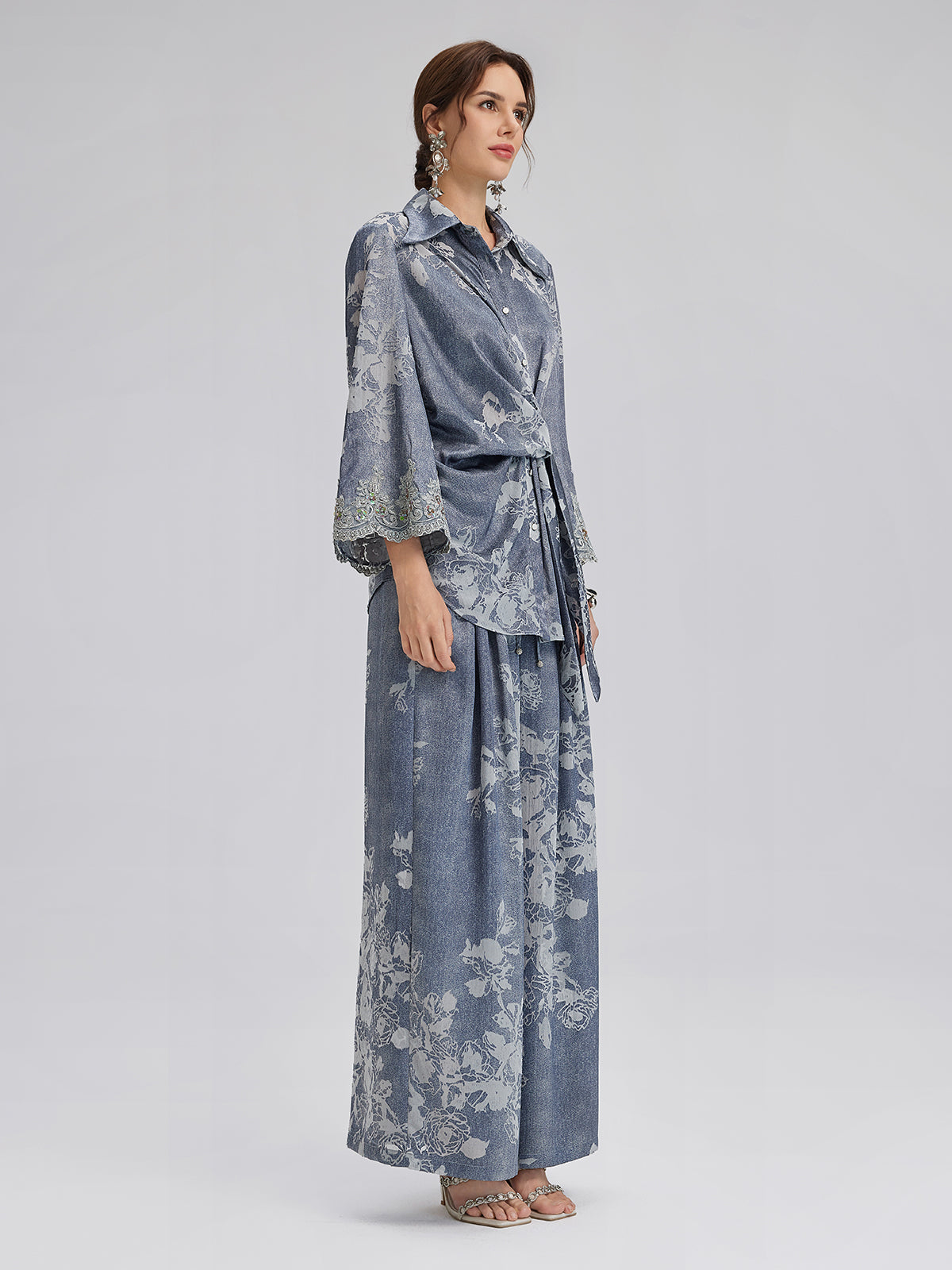 Yakma Çiçek Desenli İpli Pantolon