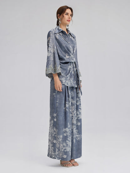 Yakma Çiçek Desenli İpli Pantolon