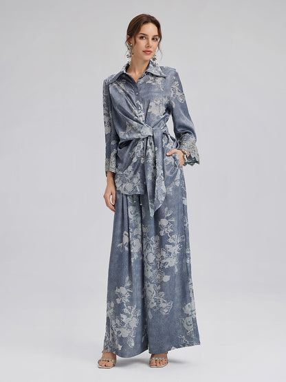 Yakma Çiçek Desenli İpli Pantolon