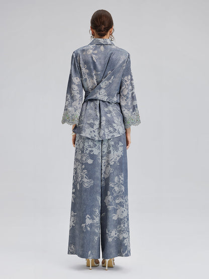 Yakma Çiçek Desenli İpli Pantolon