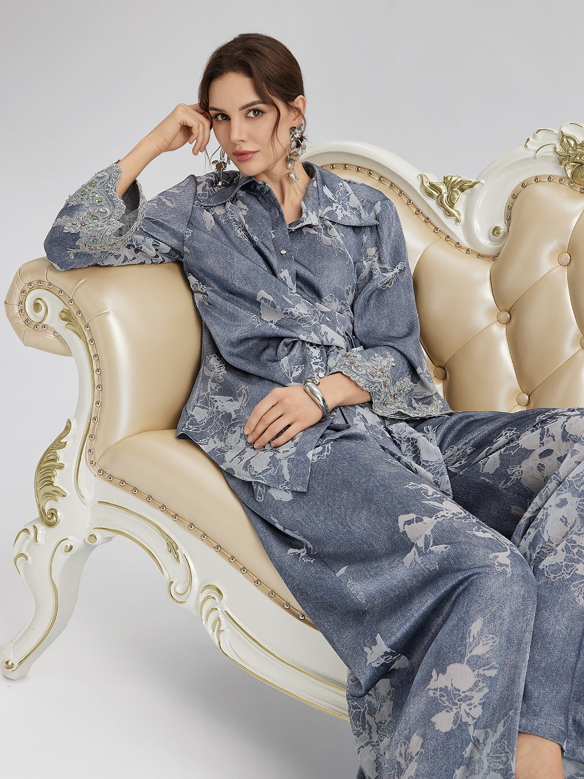 Yakma Çiçek Desenli İpli Pantolon