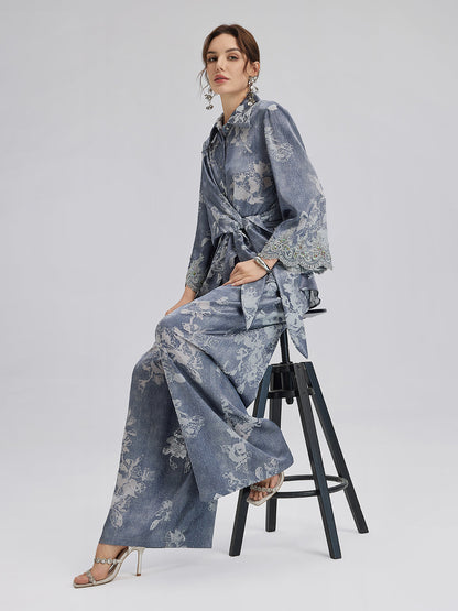 Yakma Çiçek Desenli İpli Pantolon