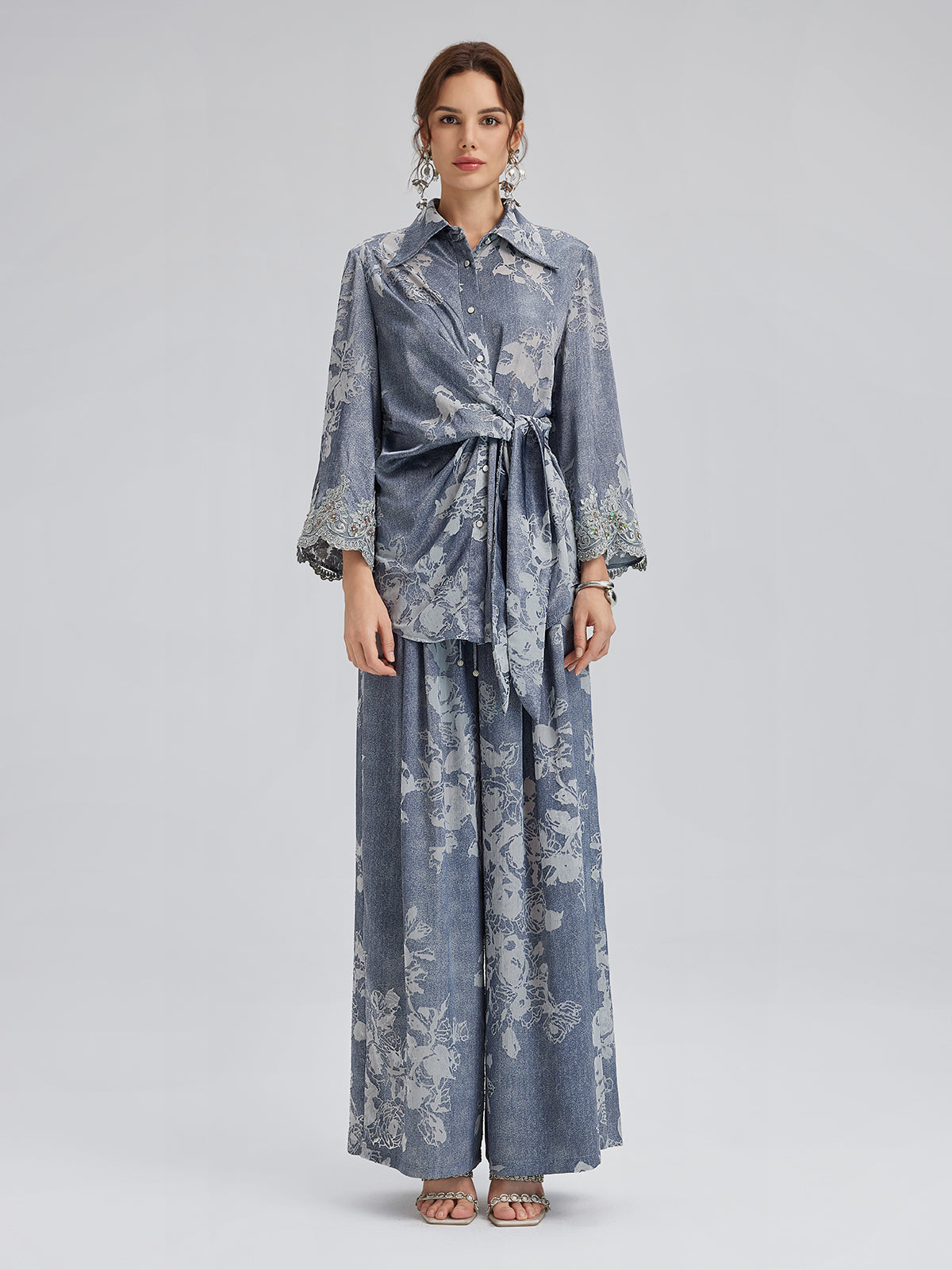 Yakma Çiçek Desenli İpli Pantolon