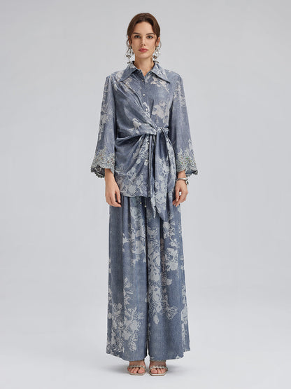 Yakma Çiçek Desenli İpli Pantolon