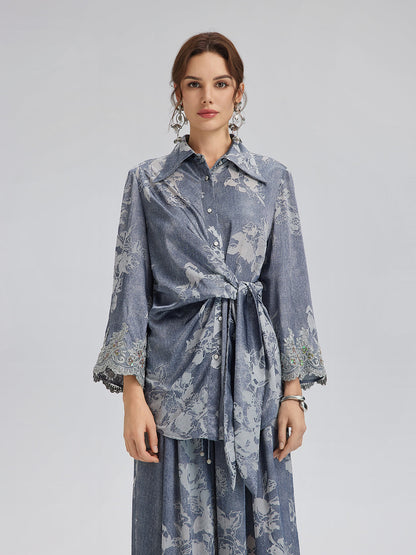 Yakma Çiçek Desenli Önden Bağlamalı Gömlek