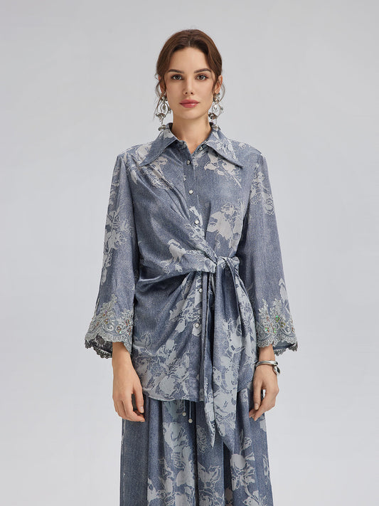 Yakma Çiçek Desenli Önden Bağlamalı Gömlek