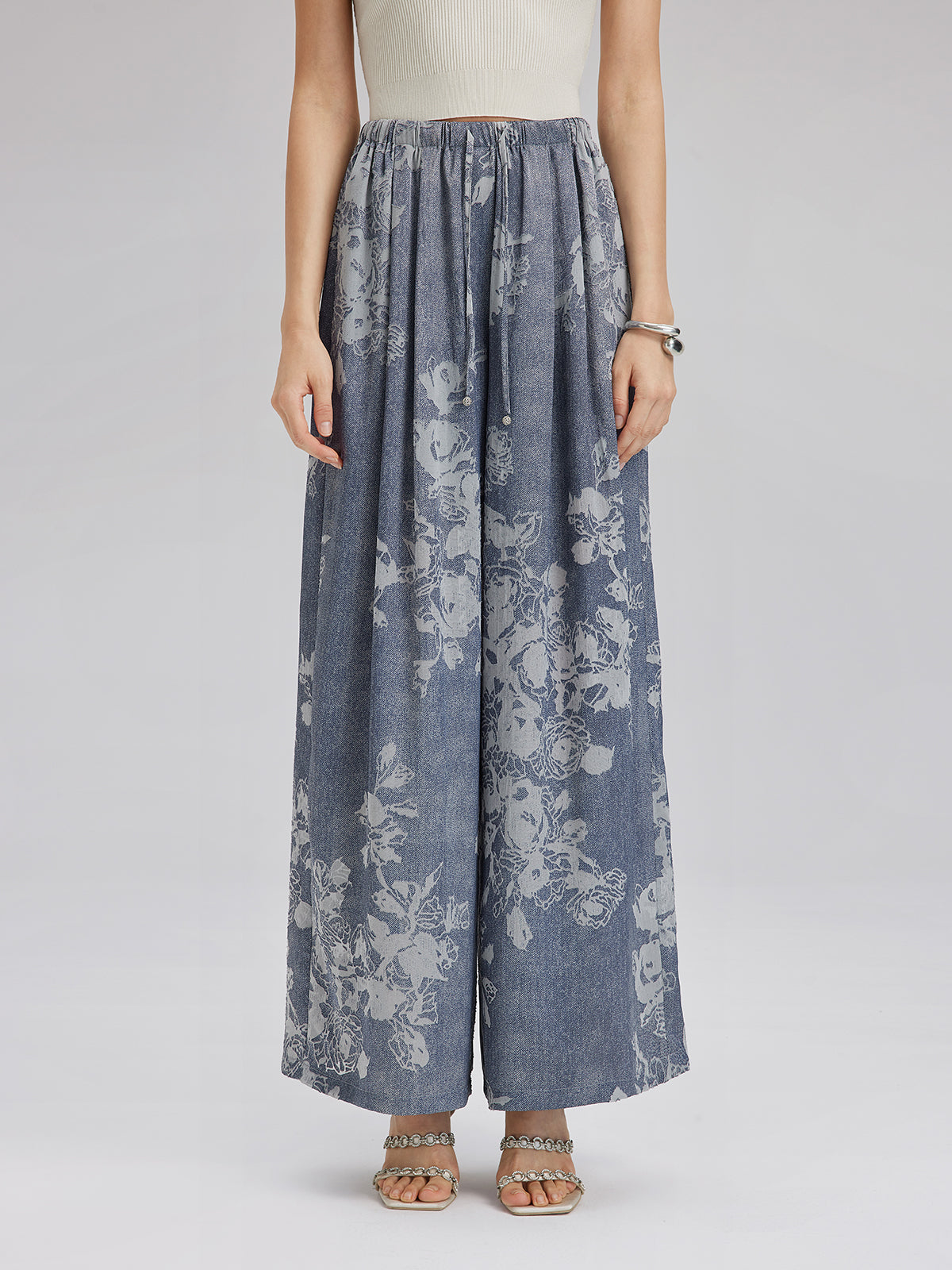 Yakma Çiçek Desenli İpli Pantolon