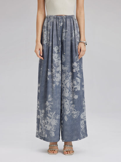 Yakma Çiçek Desenli İpli Pantolon