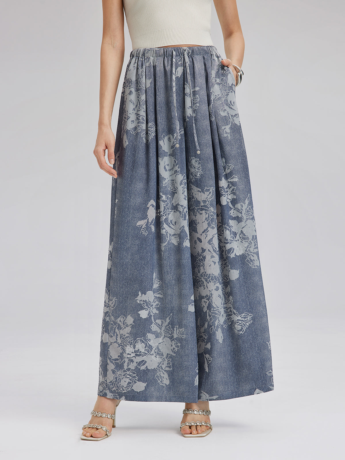 Yakma Çiçek Desenli İpli Pantolon