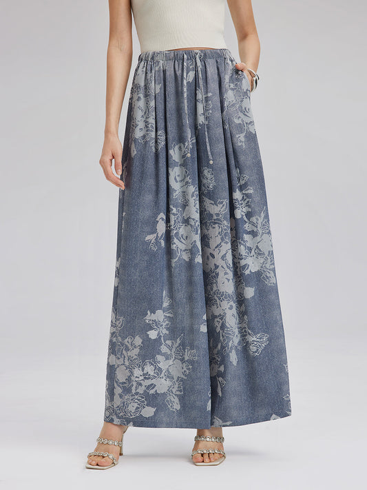 Yakma Çiçek Desenli İpli Pantolon