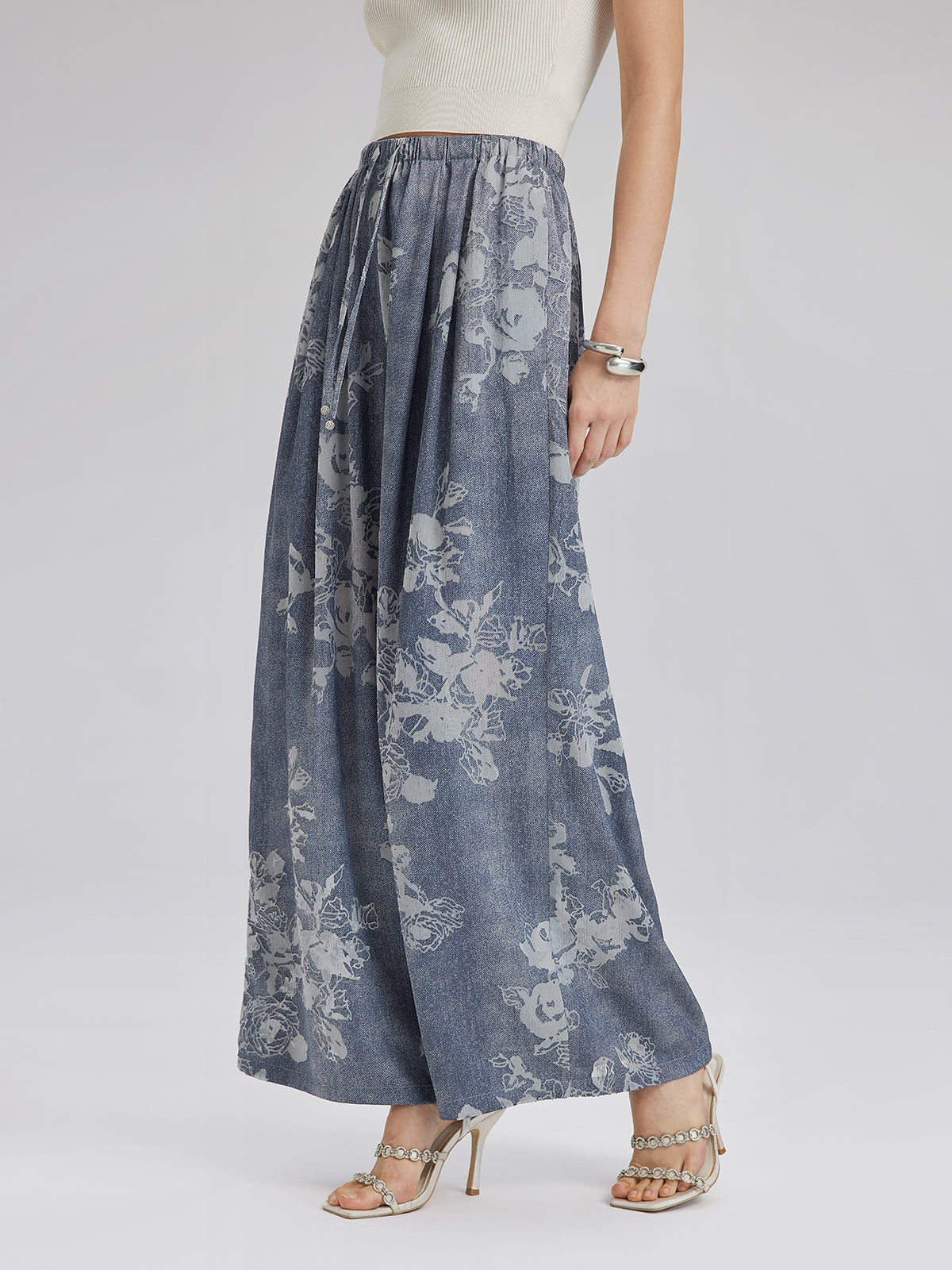 Yakma Çiçek Desenli İpli Pantolon