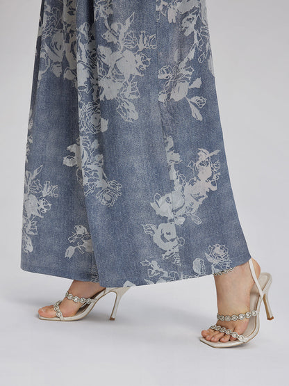 Yakma Çiçek Desenli İpli Pantolon