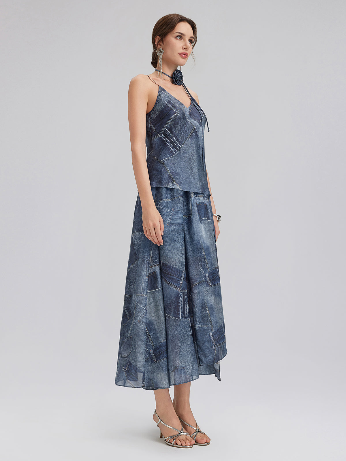 İpek Şifon Kot Desenli Etek