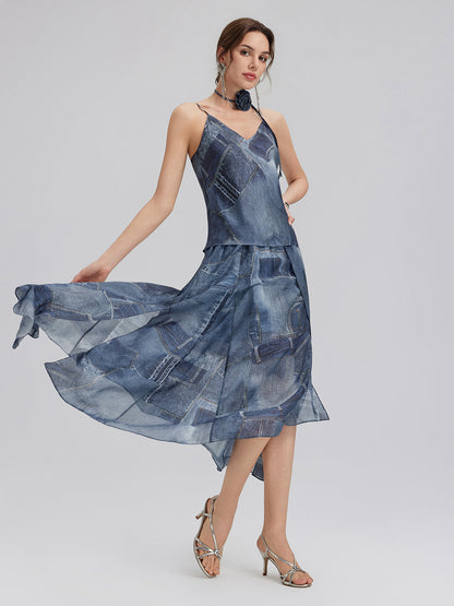 İpek Şifon Kot Desenli Etek