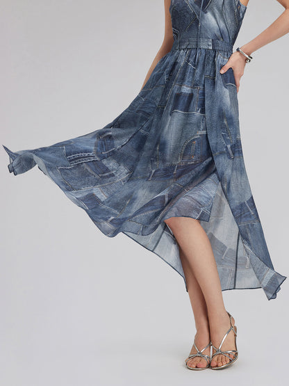 İpek Şifon Kot Desenli Etek