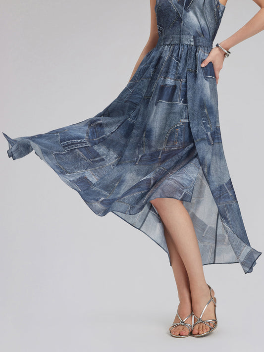 İpek Şifon Kot Desenli Etek