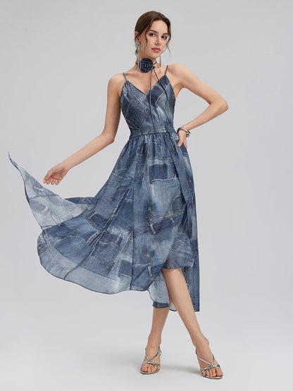 İpek Şifon Kot Desenli Etek