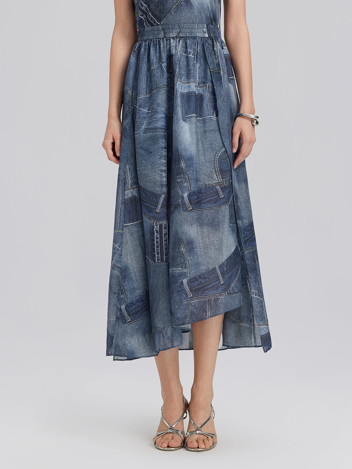 İpek Şifon Kot Desenli Etek