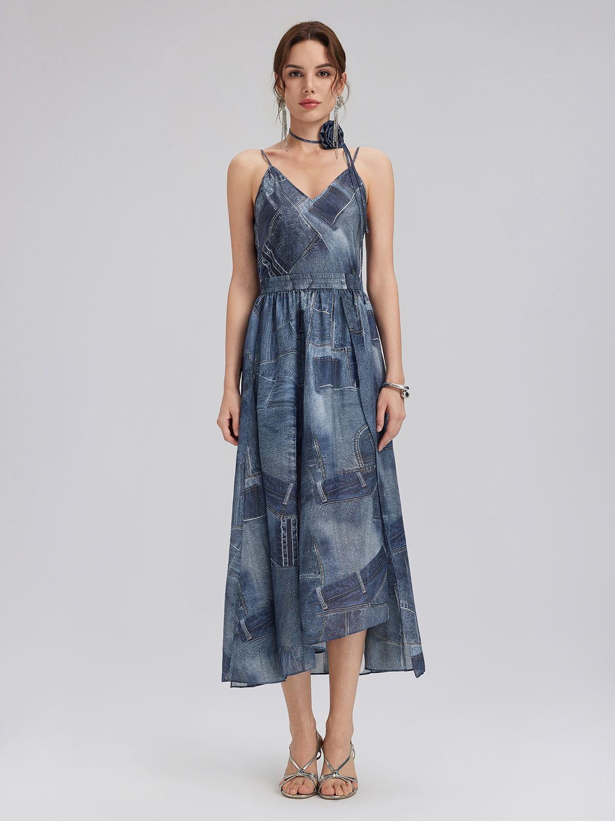 İpek Şifon Kot Desenli Etek