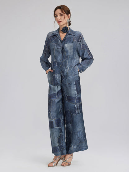 İpek Şifon Kot Desenli Gömlek