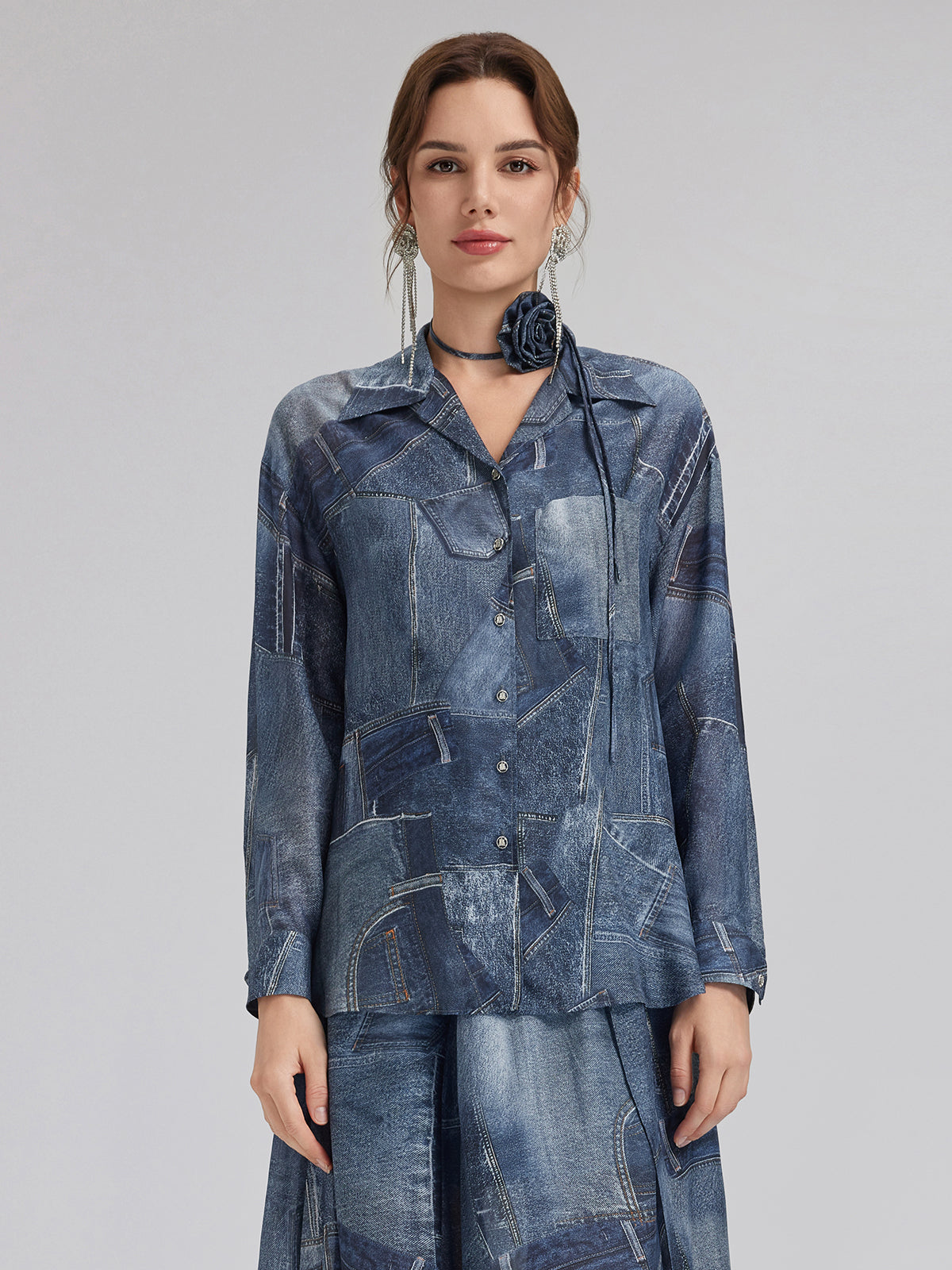 İpek Şifon Kot Desenli Gömlek