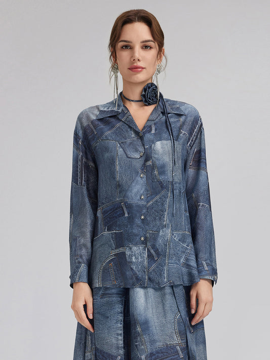 İpek Şifon Kot Desenli Gömlek