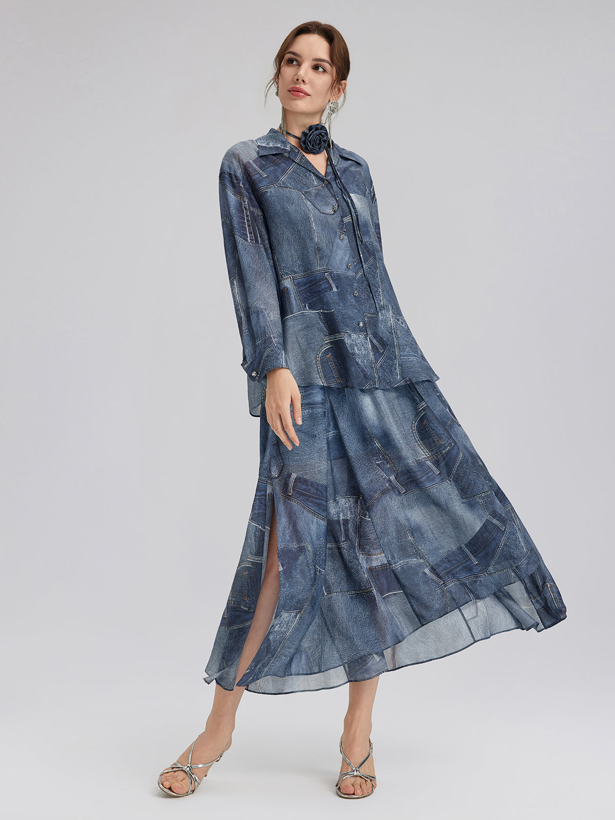 İpek Şifon Kot Desenli Gömlek