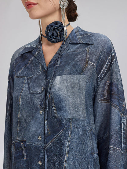 İpek Şifon Kot Desenli Gömlek