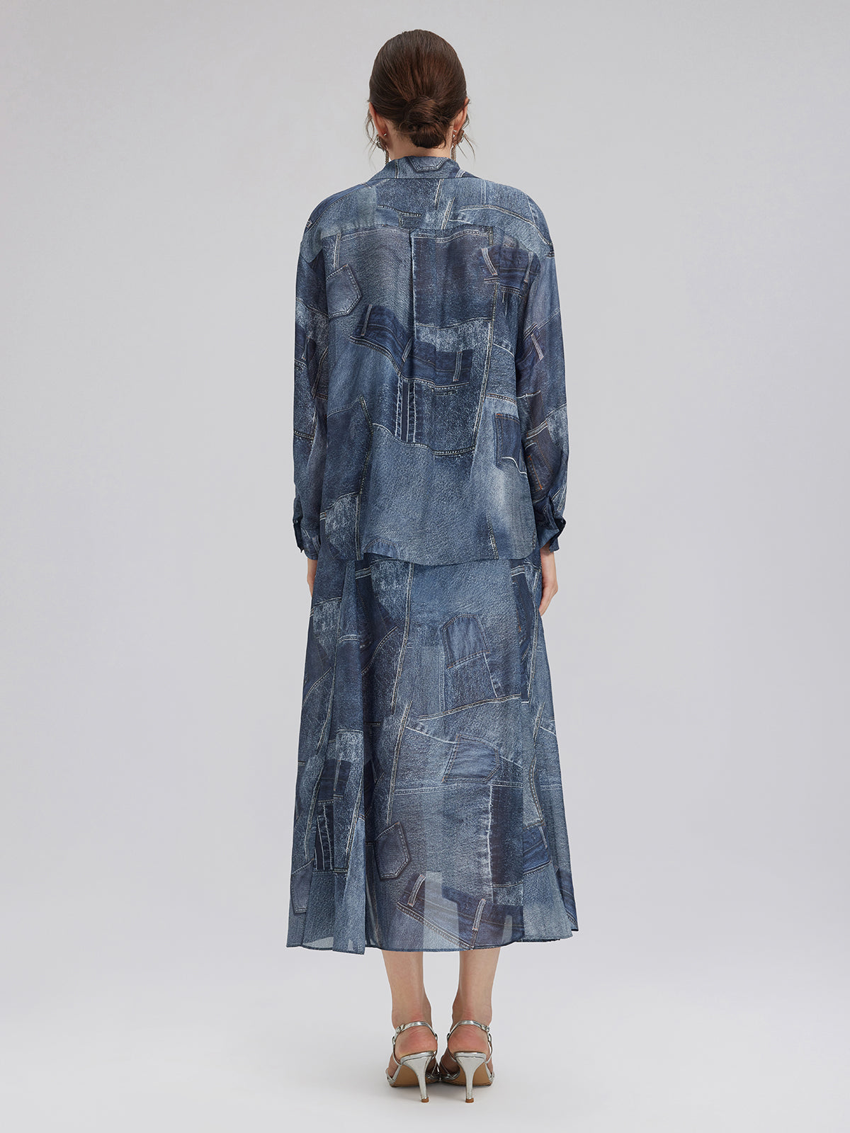 İpek Şifon Kot Desenli Gömlek