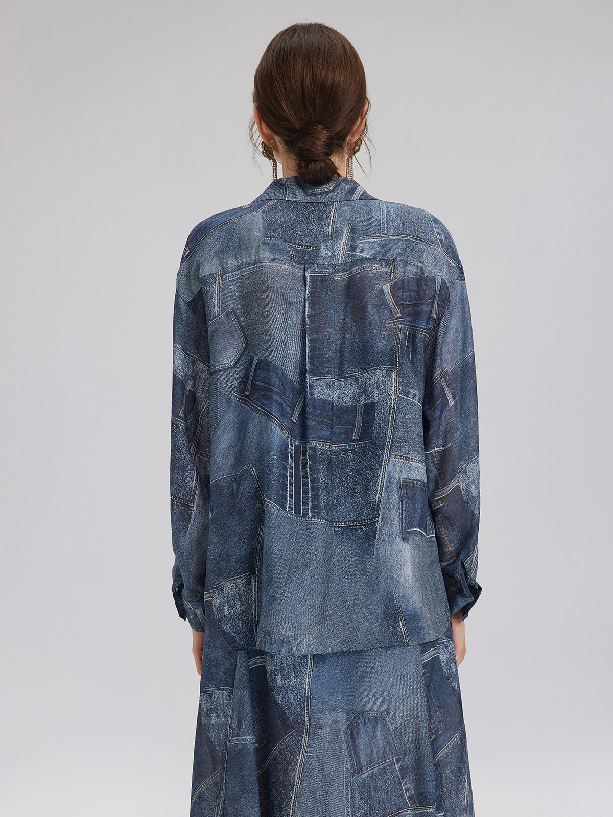 İpek Şifon Kot Desenli Gömlek