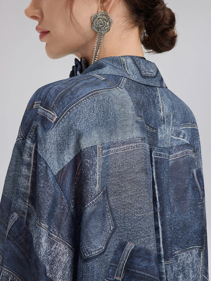 İpek Şifon Kot Desenli Gömlek