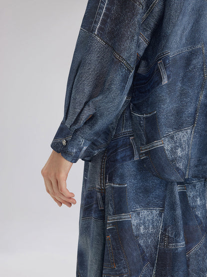 İpek Şifon Kot Desenli Gömlek