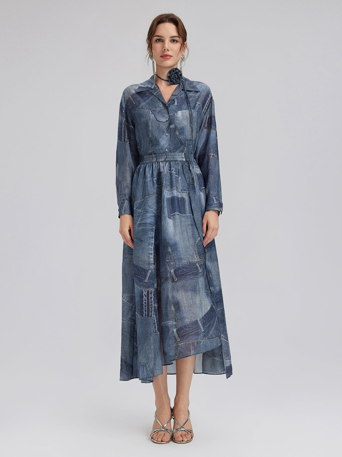 İpek Şifon Kot Desenli Gömlek