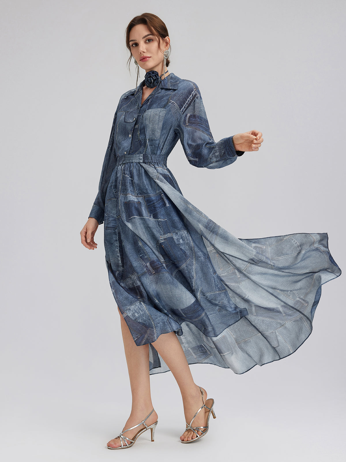 İpek Şifon Kot Desenli Etek