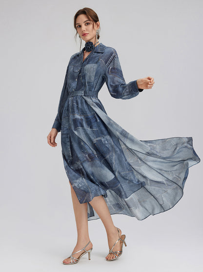 İpek Şifon Kot Desenli Etek