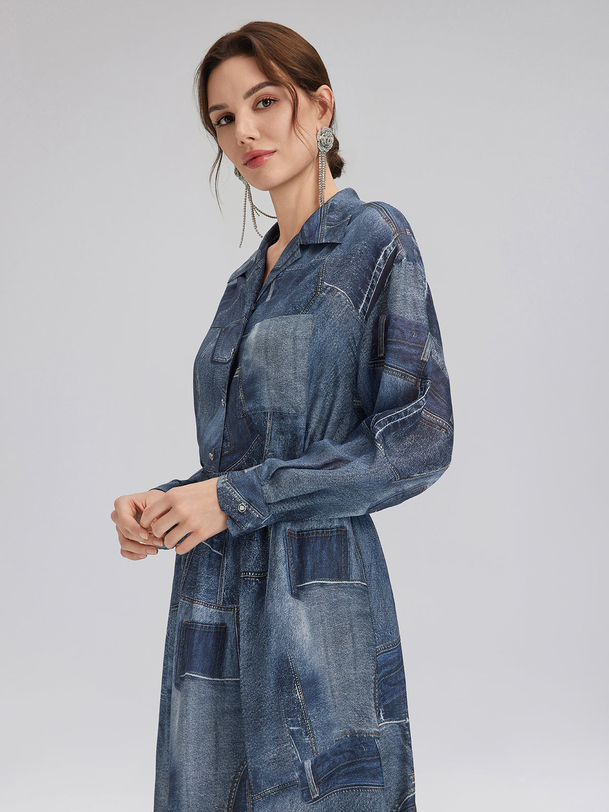 İpek Şifon Kot Desenli Gömlek