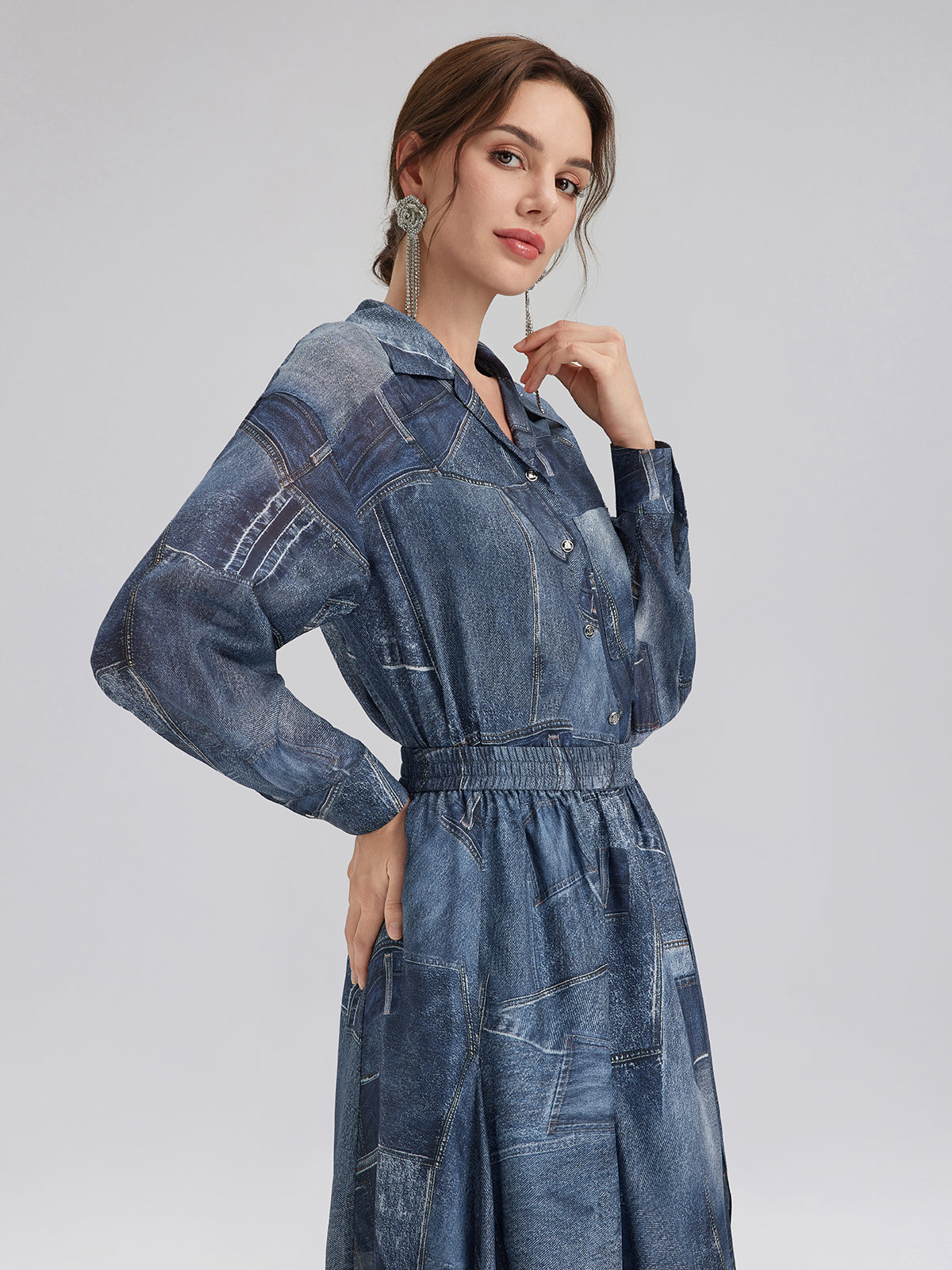 İpek Şifon Kot Desenli Gömlek